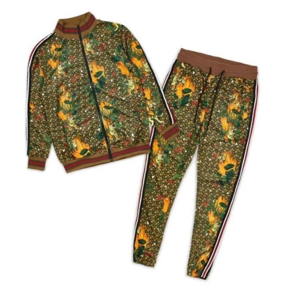 Reason Tracksuit Mens XL Brown Tiger Print Monogram Jacket & Pants 2 Piece NEW